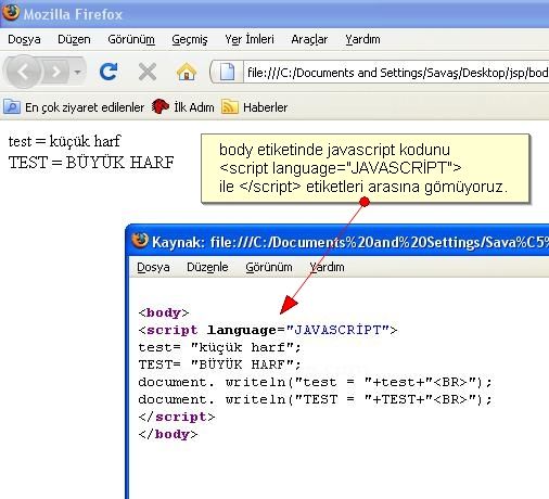 Javascriptin HTML sayfa içerisine yazılma şekilleri Body içerisine, Head içerisine, Harici Link olarak, HTML taglarının içerine yazılması